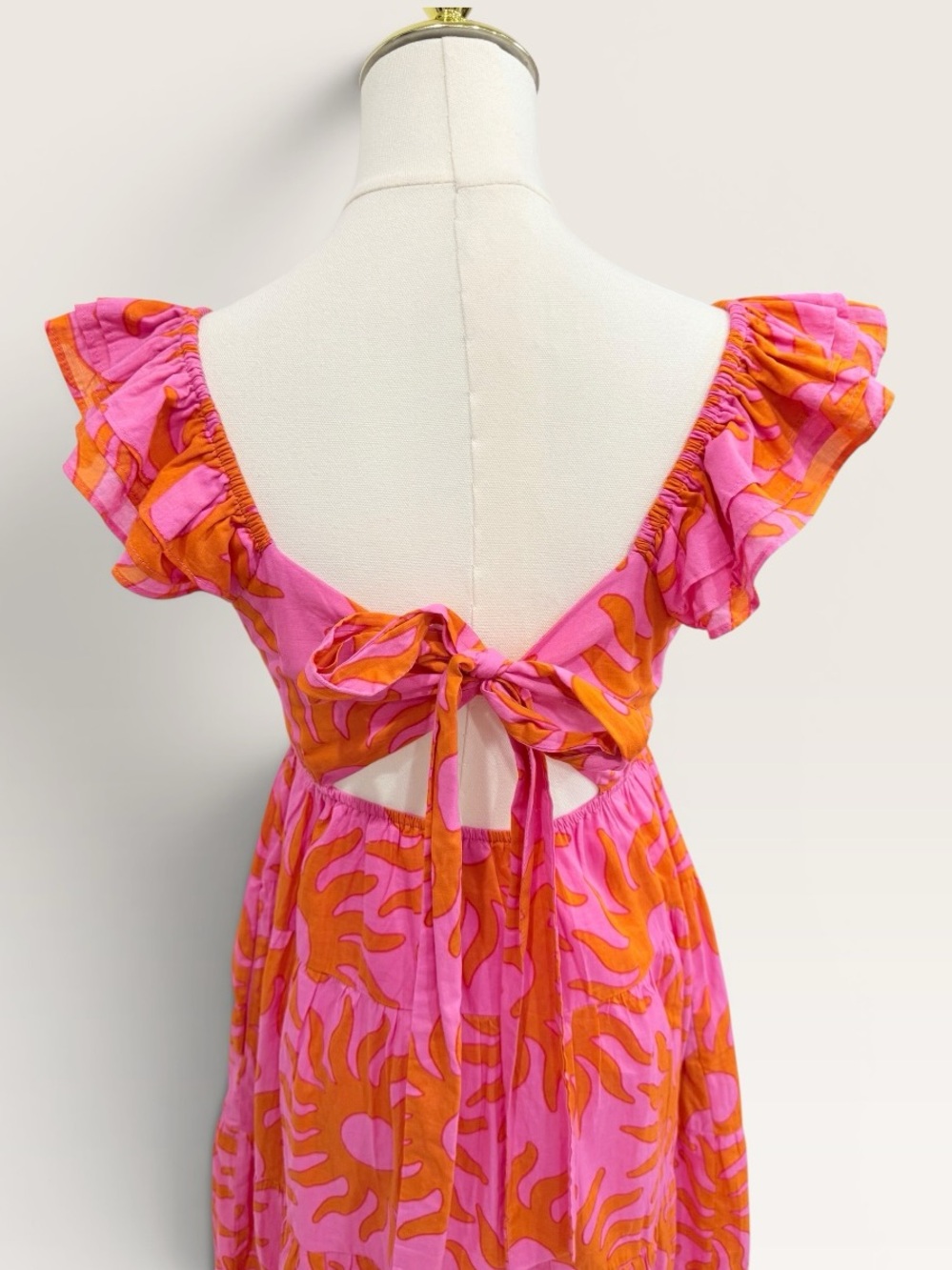 J.Marie Mara Ruffle Strap Tie Back Pink Orange Sun Print Cotton Midi Dress NWT - Picture 7 of 16